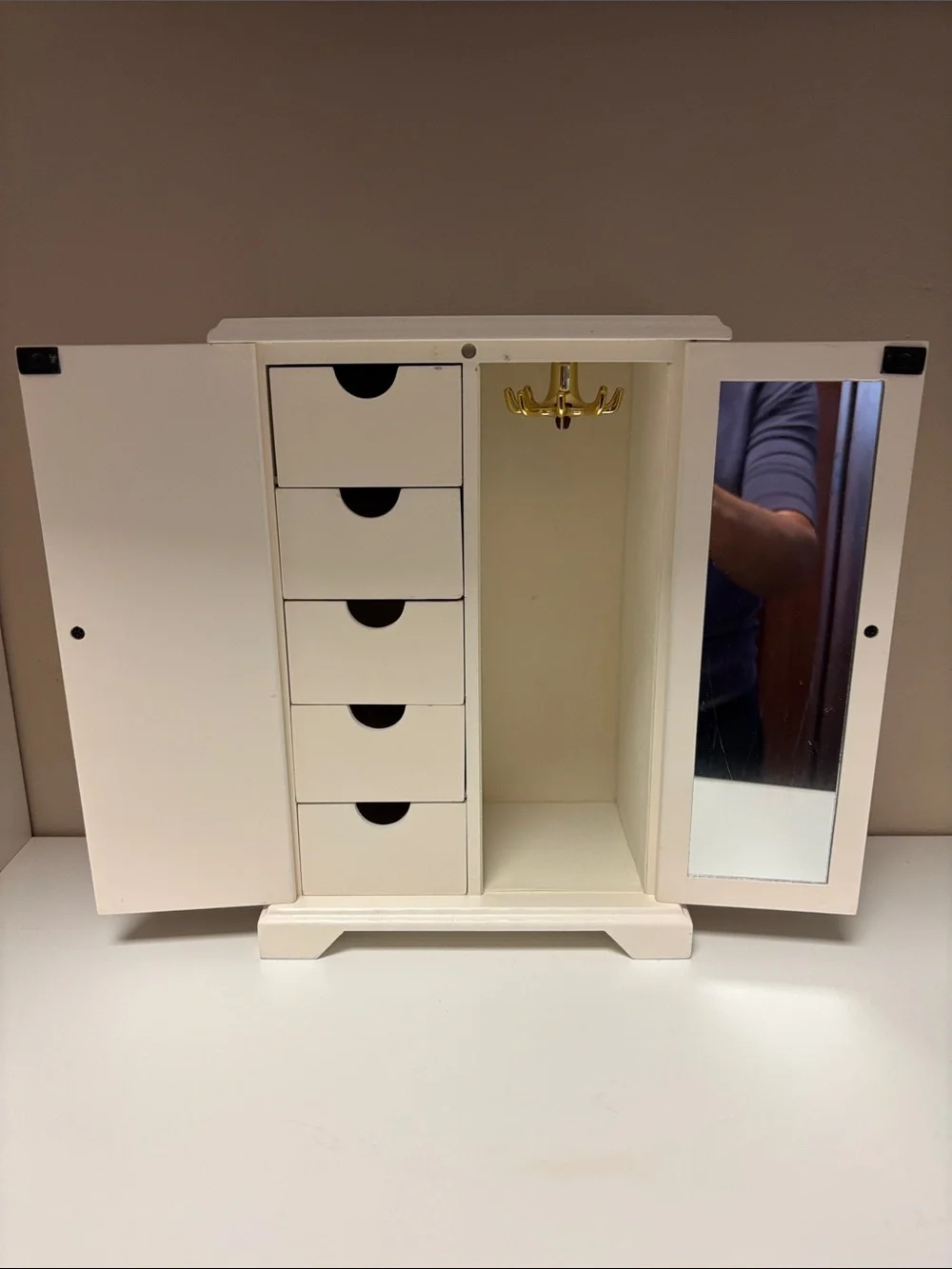 vintage Avon White Jewelry Armoire with Gold Hooks and Mirror